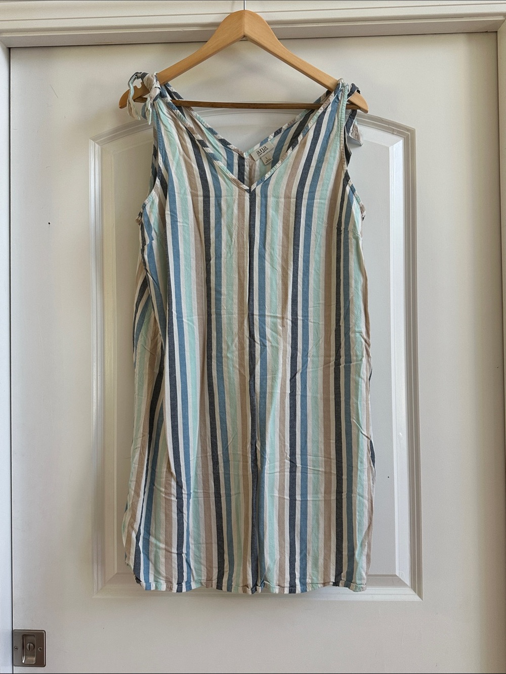 a.n.a Striped Tie-Shoulder V-Neck Sundress in Blue, Tan, White